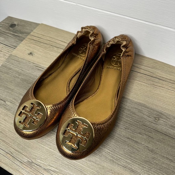 Tory Burch Reva Metallic flats ballet metal bronze shoes leather medallion 5.5 - Picture 4 of 9